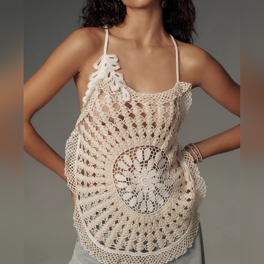 By Anthropologie Women's Pieced Crochet Sweater Tank, Unique, Delicate, Ivory, S